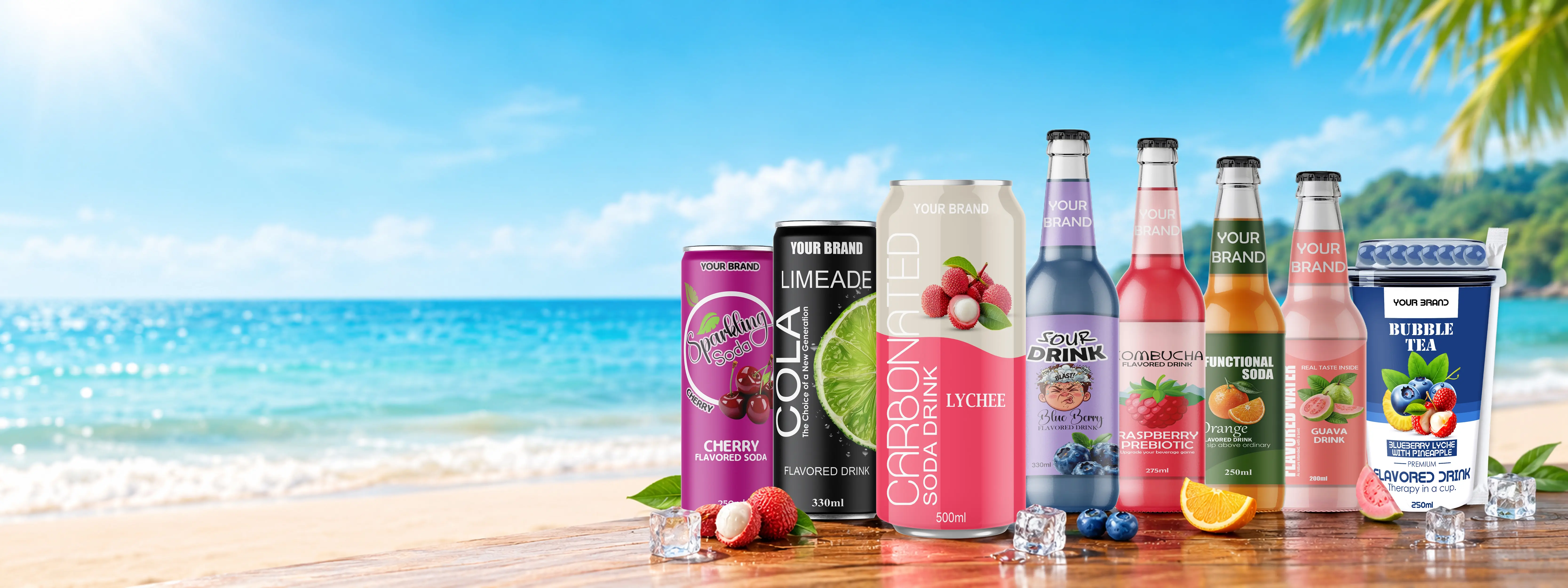 1 line alt text Private-label beverage range featuring cherry soda, cola limeade, lychee soda, blueberry sour drink, raspberry kombucha, orange functional soda, guava drink, and blueberry-lychee bubble tea on a tropical beach.